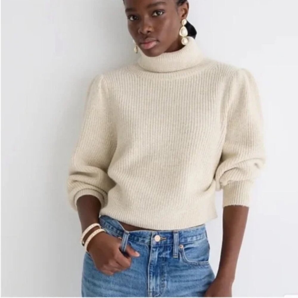 J.Crew Cream Alpaca Merino Wool Cropped Puff-Sleeve Turtleneck Sweater – Small